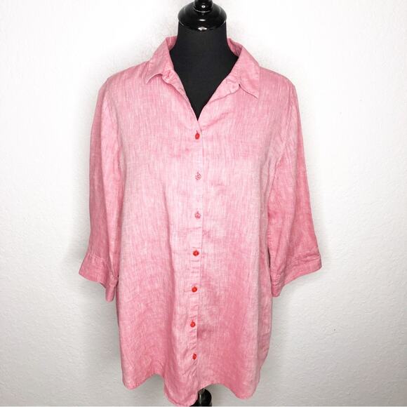 Chicos pink red linen button down top size 2 or Medium lagenlook - Picture 1 of 16